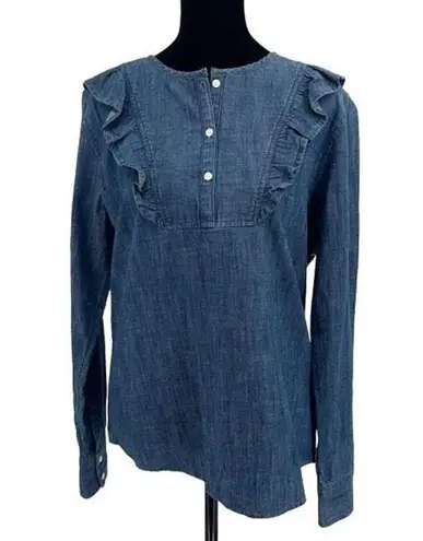 1901 Womens Chambray Ruffled Long Sleeve Blouse Blue Size Small