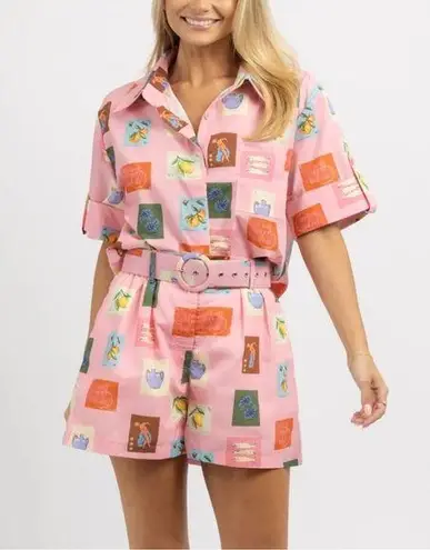Hausen Postcard Colorful Pink Print Shirt and Shorts Set | S