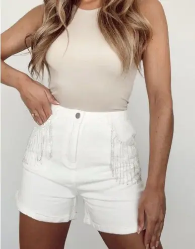Cloud Ten White Denim Rhinestone Fringe Cuffed High Waisted Shorts Large NEW