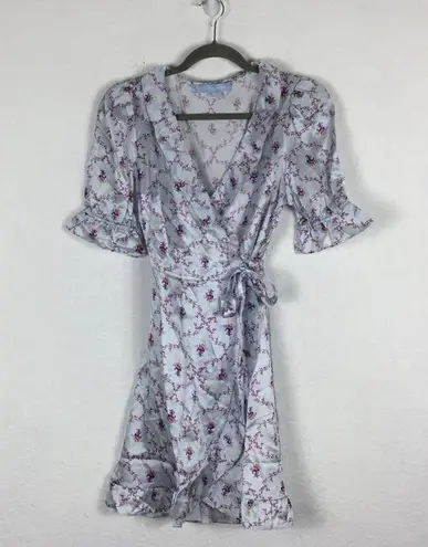 Hill House  100% Silk Nima Wrap Mini Dress Small Blue Floral Cabernet Trellis