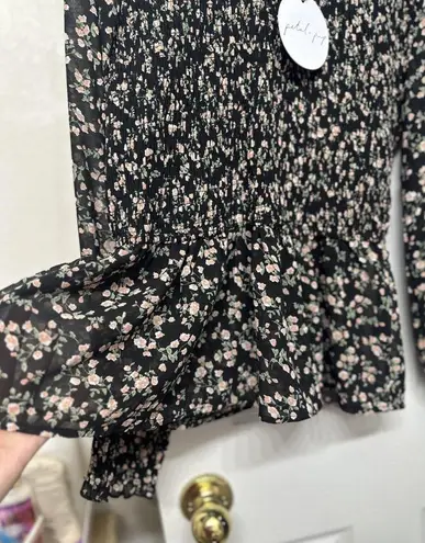 Petal and Pup BNWT!  Black Floral Smocked Peplum Long Sleeve Blouse - Size Smalll