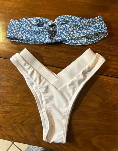 SheIn Blue Flowered Strapless Bikini Top With White Bottoms