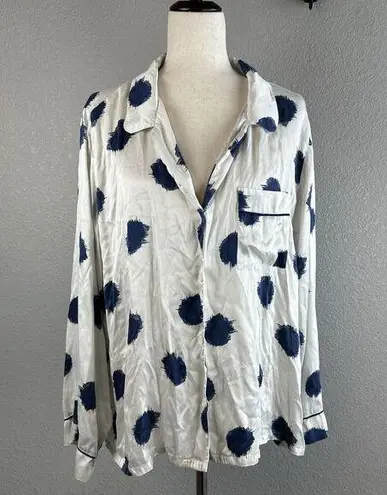 Eberjay Eberjey Women Button Up Long Sleeve Pajama Top Size XL White Blue Polka Dot Silk