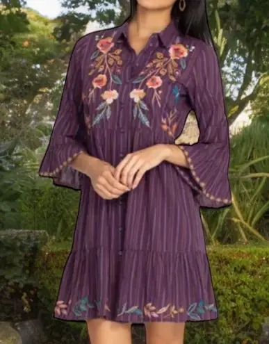 Johnny Was heavily embroidered Shuri Easy Tiered Dress In Purple NWT