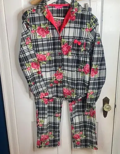 Betsey Johnson  Plaid Floral Fleece 2-Piece Plush Pajama Set W-372 Sz S