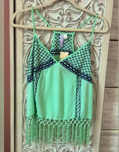 Francesca’s mint spaghetti strap embroidered boho summer tank with tassels SM Green