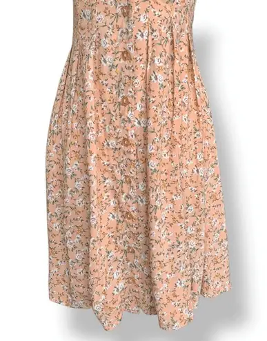 Vintage 90s Peach Floral Mini Dress Rayon Button Front Short Sleeve Scoopneck Orange