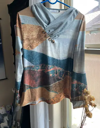 Misook MISSLOOK boho earthy landscape long sleeve top