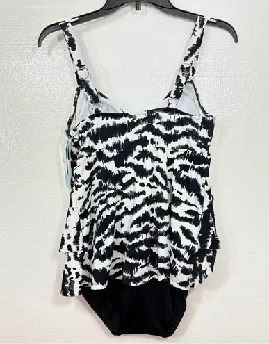 SWIM SOLUTUIONS NWT $102 Tiered Ruffle faukini one piece swimsuit 10 M Black Size M