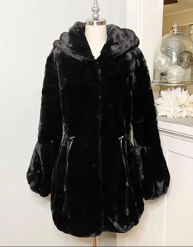 Fabulous Furs Black Hooded Sheared Faux Fur Beaver Anorak Winter Coat Size Small