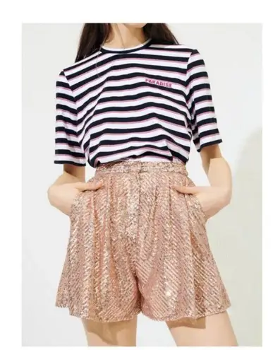 Maje 💕💕 Paillette Pleated Sequined Tulle Shorts High Rise ~ Metal Pink 38 NWT