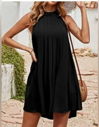 Black pleated Midi Sundress with Halter Neckline for Cocktail Size L