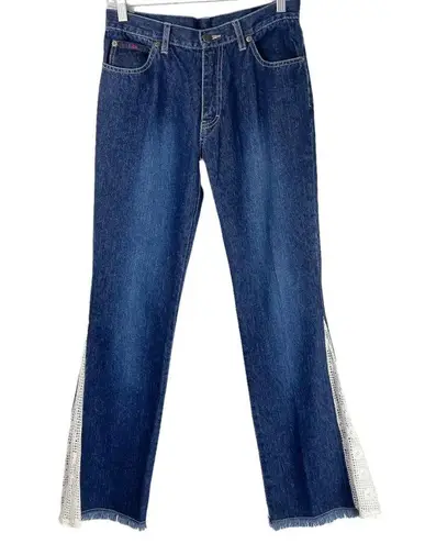 Vintage Flare Crochet Cut Out Hem Jeans Sz 4 Dark Wash Boho Blue
