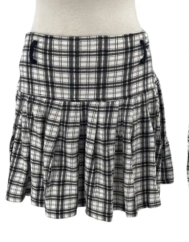 Vintage 90s Plaid Tartan Pleated Mini Skirt Cotton Knit White Black Womens 10/12