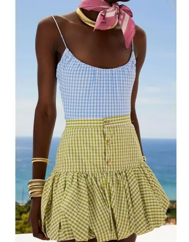 NWT CAROLINE CONSTAS Green White Gingham Checkered Reina Bubble Mini Skirt S
