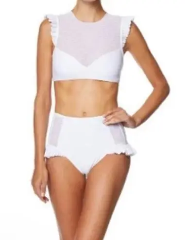 Avec Les Filles NWT Mesh Ruffle White Bikini Set sz L white polkadot mesh