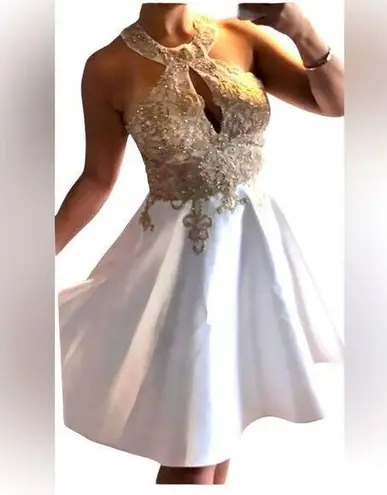 XScape Embellished Embroidered Mikado Party Dress White Gold Size 2 EUC