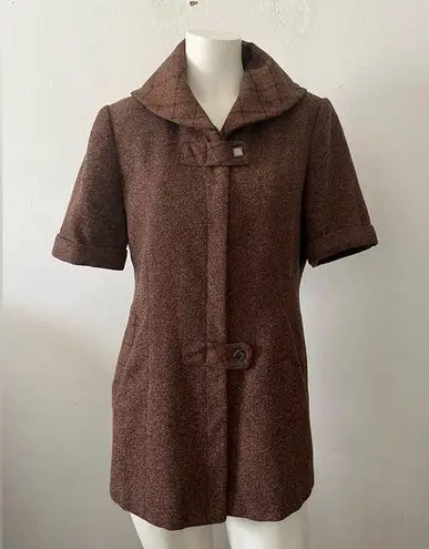 Vintage 70s British brown plaid short sleeve snap front style swinger coat S Size 4