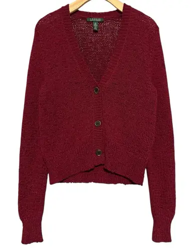 Lauren Ralph Lauren Women’s M Burgundy Wine Cotton Loose Knit Sweater Cardigan Red Size M