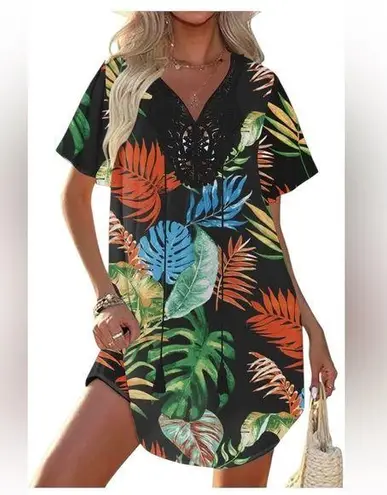 Ekouaer Lace Crochet Summer Beach Cover Up Dress Black Leaf Print Size 2XL NWT Blue