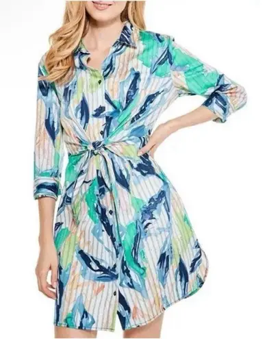 Nic+Zoe Scribble Vines Shirt Dress Size Small Green Blue Preppy NWOT