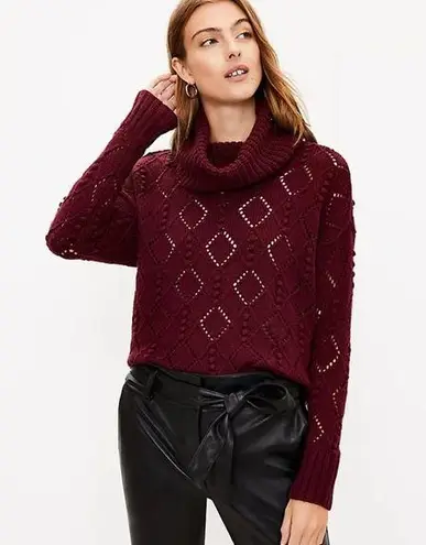 Loft Bobble Turtleneck Sweater Bold Bordeaux Size Medium Open Knit Cozy