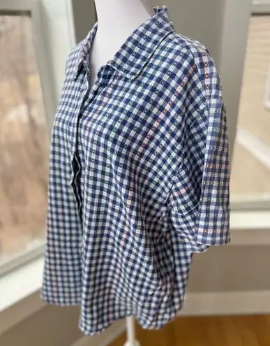 Vintage Navy Blue White Embroidered Gingham Short Sleeve Camp Shirt Blouse Sz M Size M