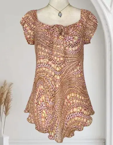 Early 2000s Orange Pink Floral Flower Babydoll Milkmaid Cottagecore Blouse Top L Size L