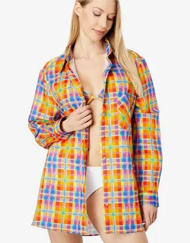 We Wore What NWT Plaid Rainbow Dad Shirt Oversized Button Down Coverup Colorful M