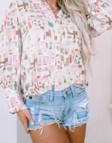 Printed Collared Neck Long Sleeve Shirt White