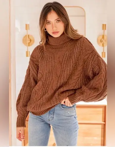 Lulus Oh What A Feeling Cable Knit Turtleneck Sweater Brown Size M