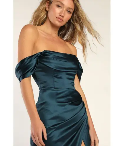 Lulus Stunning Arrival Dark Teal Satin Off The Shoulder Maxi Dress Formal XL NWT Blue