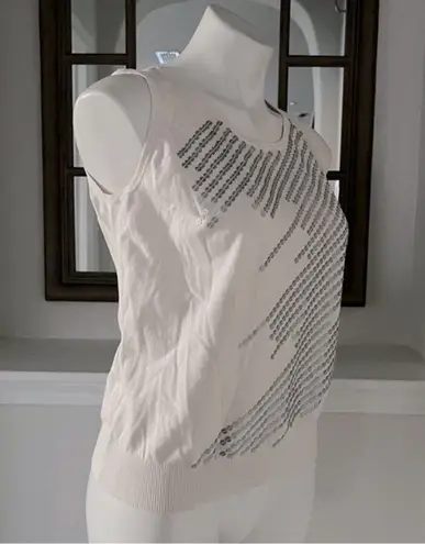 St. John Knit Tank Top Sequin Front Cream White Sweater Size L