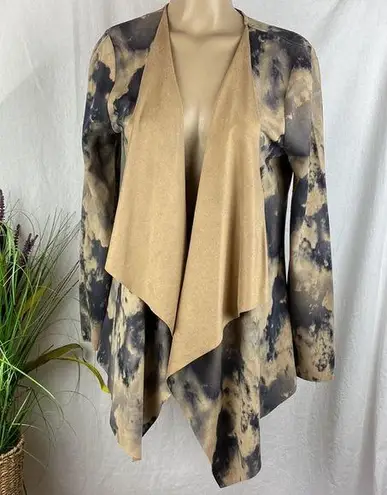 cupio  Tan & Black Faux Suede open Front Print Loose Cardigan Sweater L