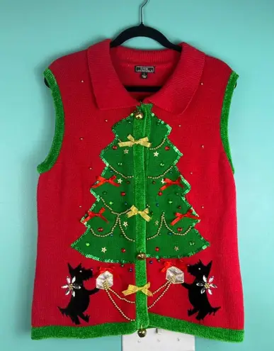 Women's Lisa International Red Green Gold Christmas Tree Sweater Vest L VTG Size L