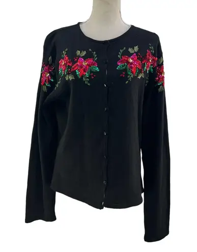 Vintage Cardigan Poinsettia Flower Sequin Embellishment Black Size XL