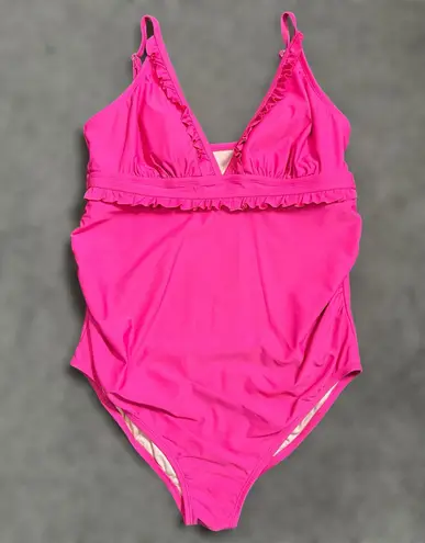 Isabel Maternity One Piece Swimsuit LARGE Pink Ruffle Plunge Padded Ruched Beach