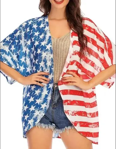 Riah Fashion Patriotic Stars and Strips American Flag Bohemian Lightweight Kimono Size XL NEW