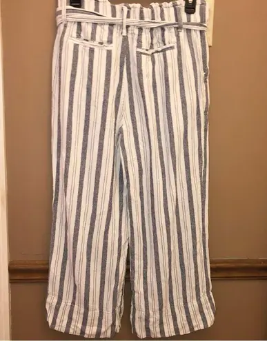 Mason & Belle Jacqueline Paperbag Linen Blend Belted Wide Leg Pants Blue white 8