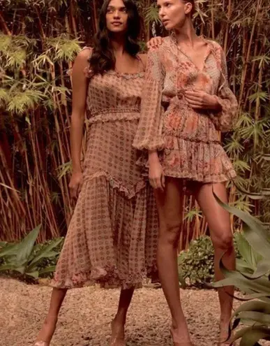 MISA Los Angeles MISA Nita Midi Ruffle Dress in Flora Tile Mix Green and Pink Size S NWT