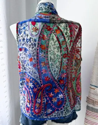 ANU Floral Embroidered 100% Wool Lightweight Boho Vest Cardigan Women’s Large Blue
