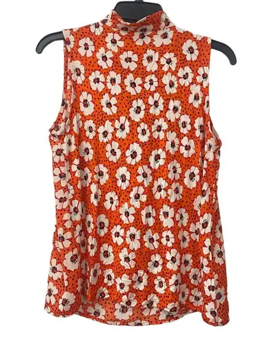 The Loft Floral Orange White Ruffle Neckline Sleeveless Blouse Women's Medium Petite