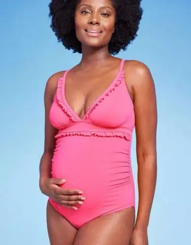 Isabel Maternity One Piece Swimsuit LARGE Pink Ruffle Plunge Padded Ruched Beach