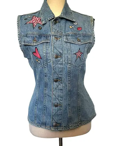 Vtg County Seat Denim Womens Vest Sz S Y2K Moon Stars Boho Western Cottagecore Blue