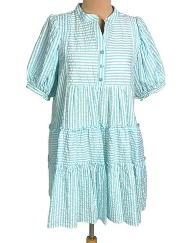 &merci &merci Aqua White Striped Seersucker Tiered Mini Dress S Half Button Puff Sleeve