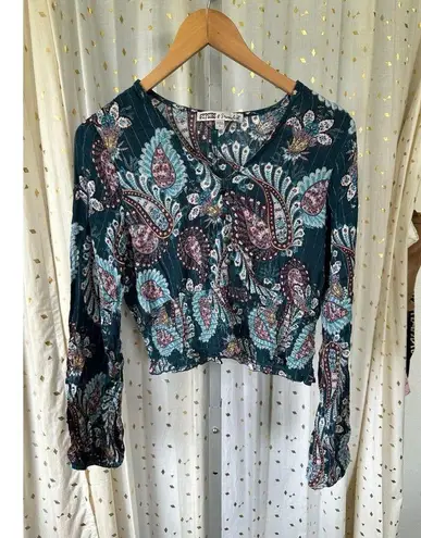 Gypsies & Moondust Blue Paisley Print V-Neck Long Sleeve Smocked Waist Top L