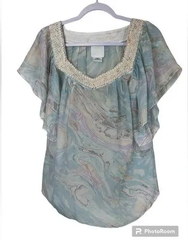 Anna Sui  Anthropologie 100% Silk Short Sleeve Blouse Suminagashi‎ Size XS