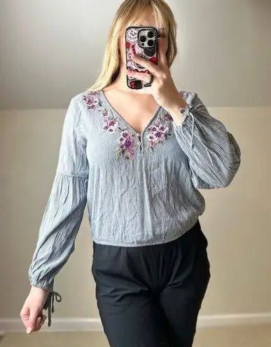 Abercrombie: Striped Balloon Sleeve Floral Embroidered Long Sleeve Blouse Blue Size M