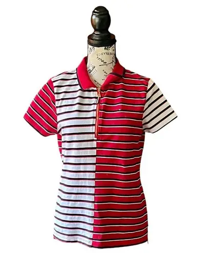 Tommy Hilfiger womens Short Sleeve Mixed Stripe Zip Polo Shirt preppy M