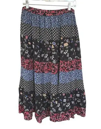 Bohemian Tiered Floral Prairie Midi Skirt Americana Modest Broomskirt Large Black